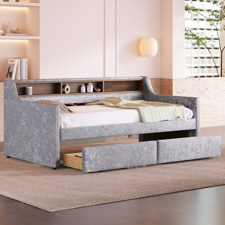 Twin Size Snowflake Velvet Daybed with Two Storage Drawers and Built-in Storage Shelves,Gray - Home Elegance USA