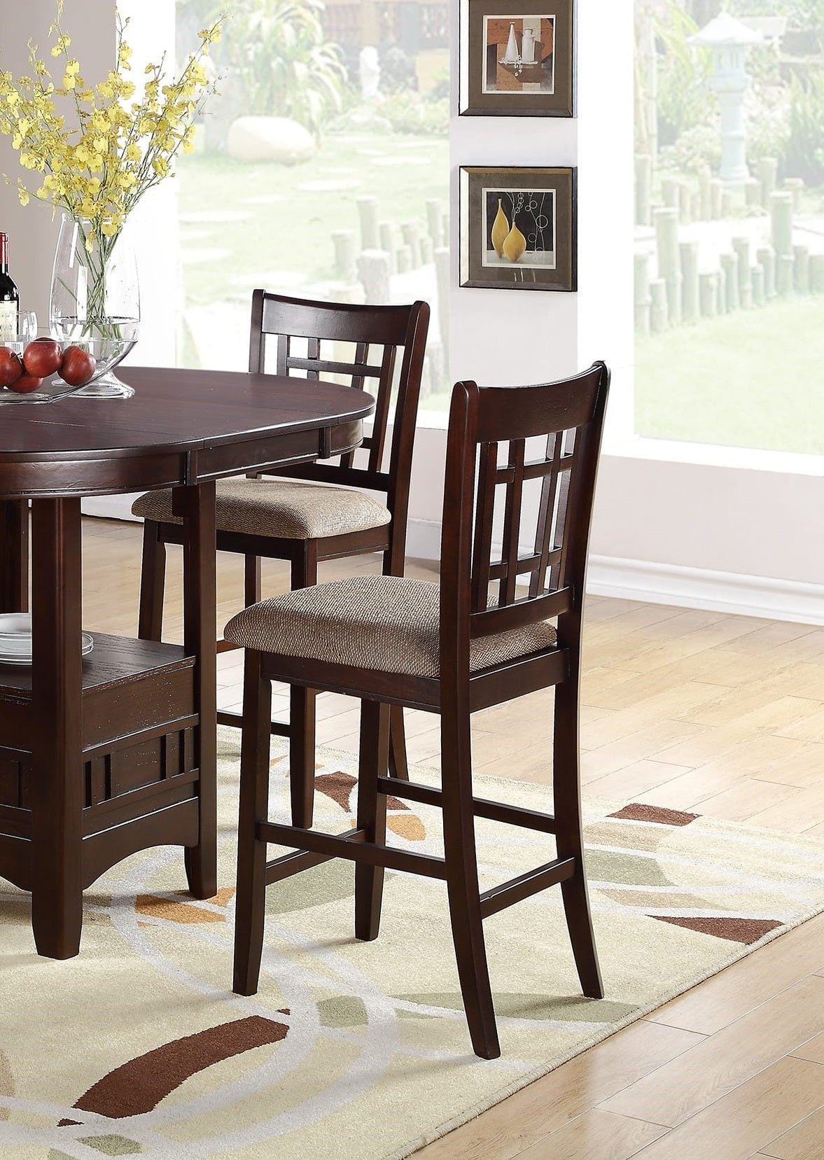 Contemporary Dining Room Counter height 5pc Dining Set Round Table w Leaf & 4x Side Chairs Dark Rosy Brown Finish Solid wood - Home Elegance USA