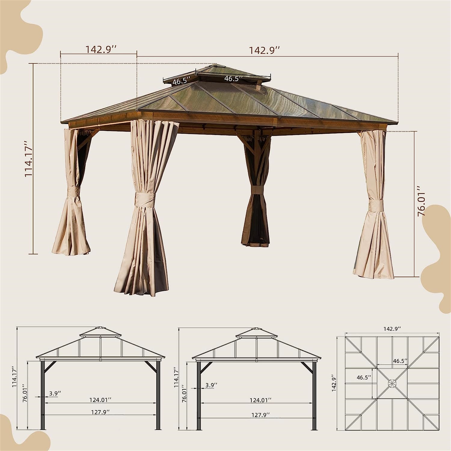 12'x12' Hardtop Gazebo, Permanent Outdoor Gazebo with Polycarbonate Double Roof, Aluminum Gazebo Pavilion with Curtain and Net for Garden, Patio, Lawns, Deck, Backyard(Wood - Looking) | Home Elegance USA