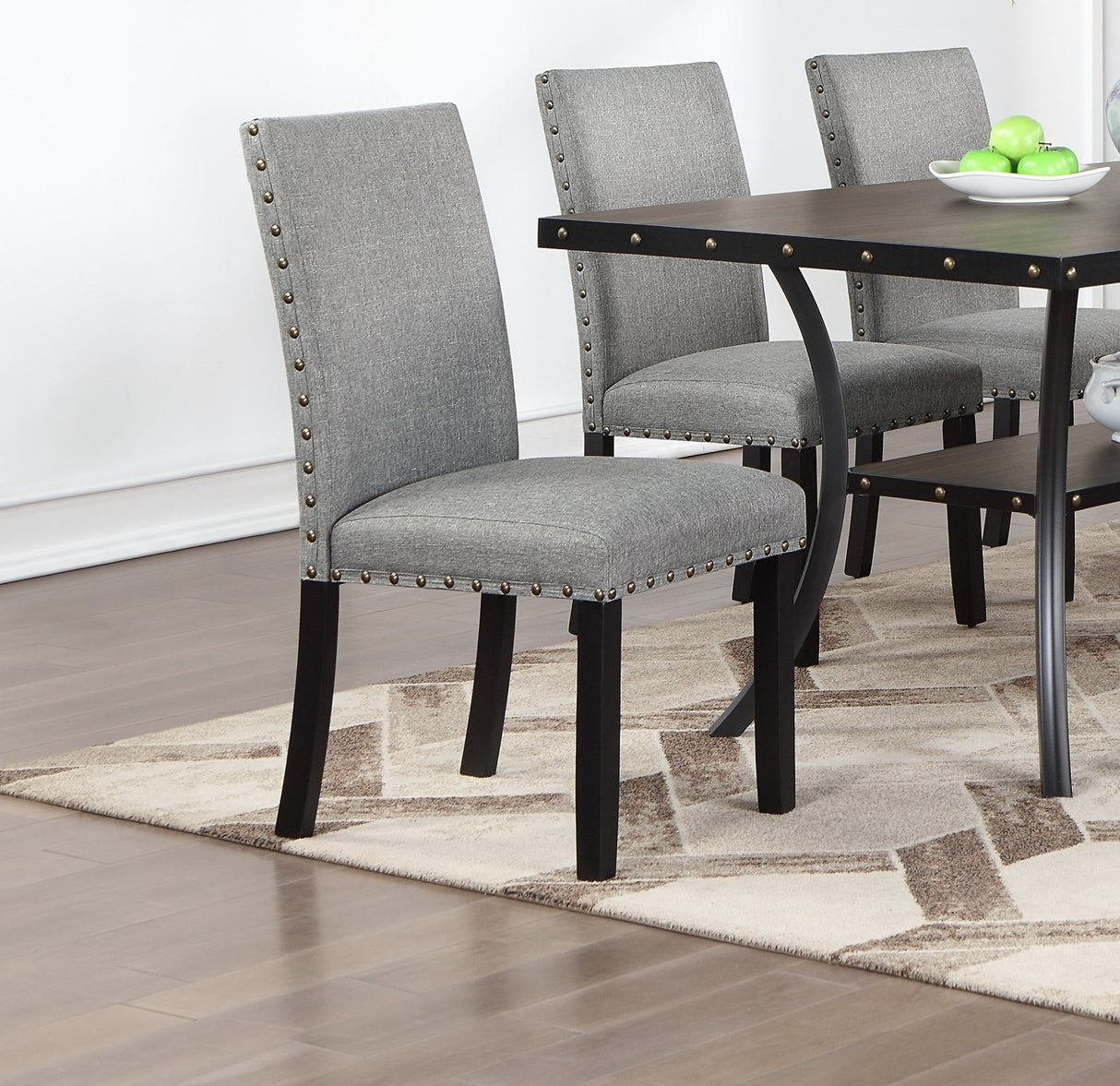Modern Classic Dining Room Furniture Natural Wooden Rectangle Top Dining Table 6x Side Chairs Gray Fabric Nail heads Trim and Storage Shelve 7pc Dining Set - Home Elegance USA