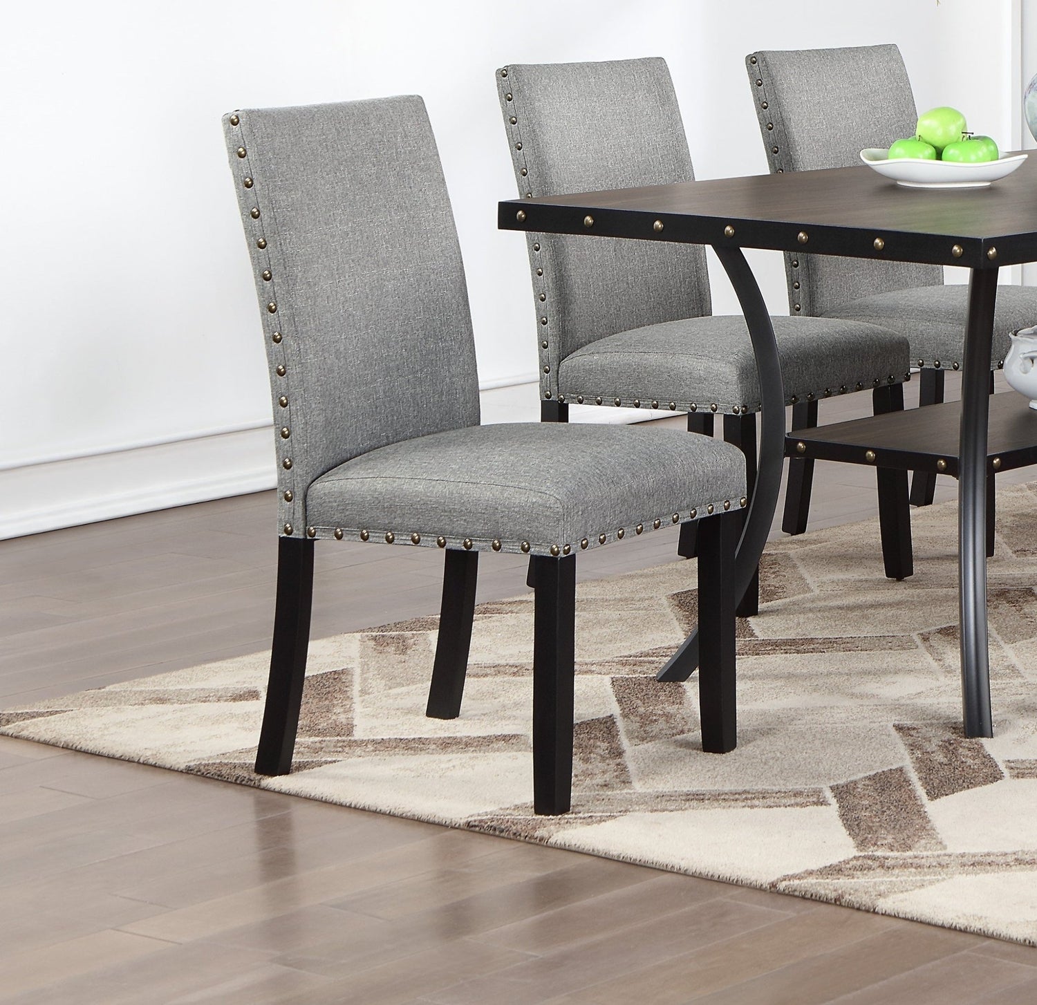 Modern Classic Dining Room Furniture Natural Wooden Rectangle Top Dining Table 6x Side Chairs Gray Fabric Nail heads Trim and Storage Shelve 7pc Dining Set - Home Elegance USA
