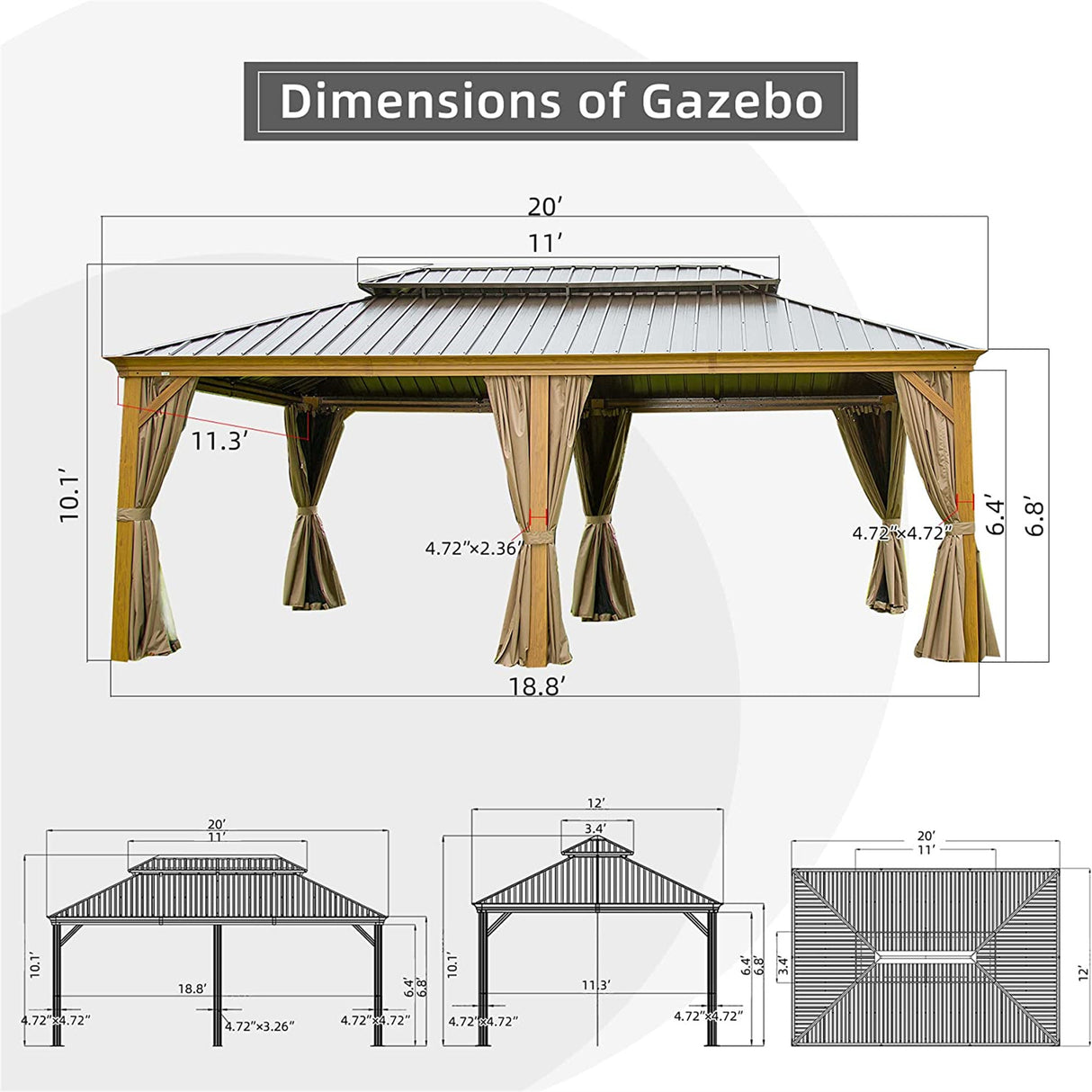 12'x20' Hardtop Gazebo Outdoor Aluminum Wood Grain Gazebos with Galvanized Steel Double Canopy for Patios Deck Backyard,Curtains&Netting (Wood - Looking) | Home Elegance USA