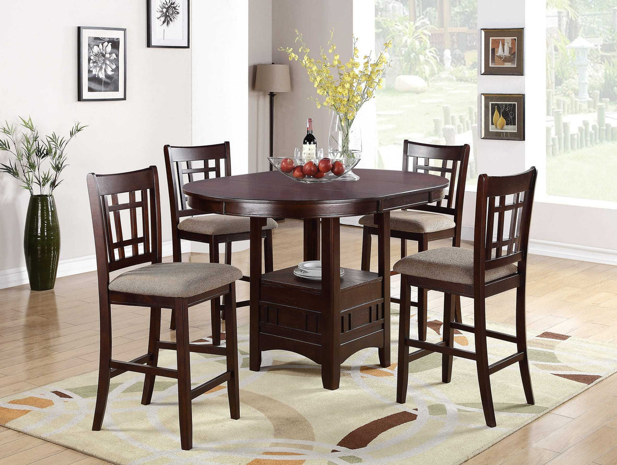 Contemporary Dining Room Counter height 5pc Dining Set Round Table w Leaf & 4x Side Chairs Dark Rosy Brown Finish Solid wood - Home Elegance USA