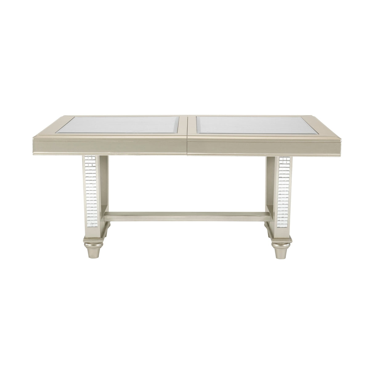Glamorous Style Dining 5pc Set Champagne Finish Table w Leaf Glass Insert Top Upholstered Tufted 4x Side Chairs Traditional Dining Room Furniture - Home Elegance USA