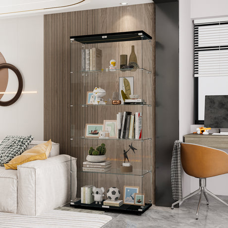 Glass Display Cabinet with 5 Shelves Double Door, Curio Cabinets for Living Room, Bedroom, Office, Black Floor Standing Glass Bookshelf, Quick Installation - Home Elegance USA