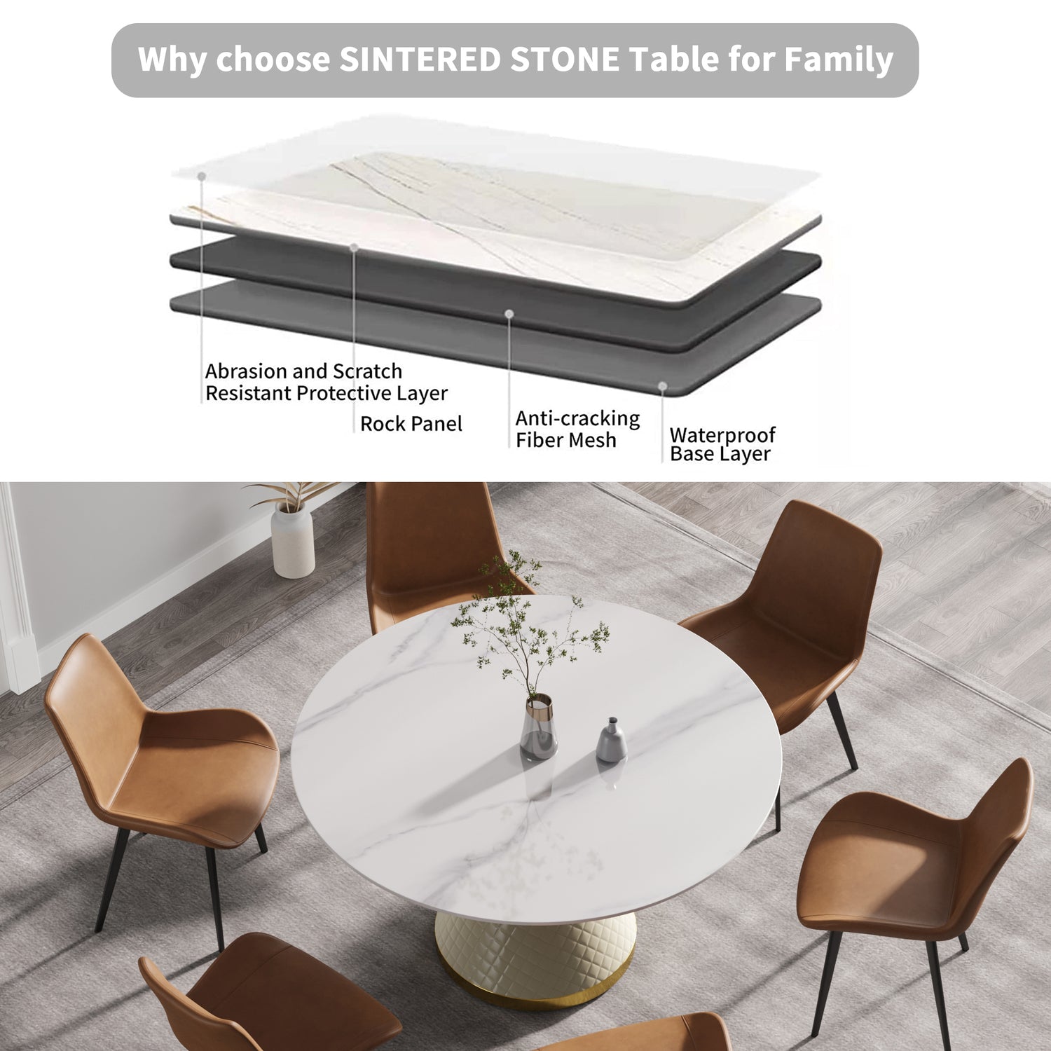 53.15"Modern artificial stone round white carbon steel base dining table - can accommodate 6 people | Home Elegance USA