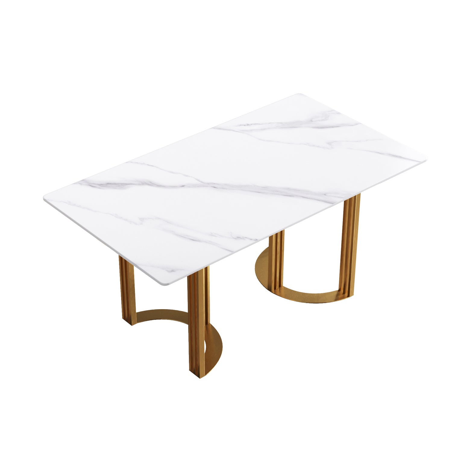 63"Modern artificial stone white straight edge golden metal leg dining table - 6 people | Home Elegance USA