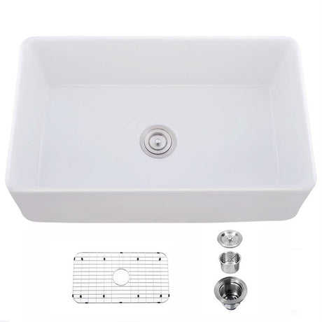 33" L X 20" W Single Basin Ceramic Farmhouse Kitchen Sink with Basket Strainer
