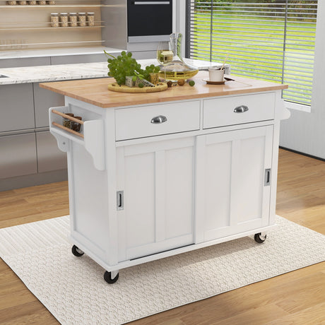 K&K Kitchen Cart with Rubber wood Drop-Leaf Countertop, Concealed sliding barn door adjustable height,Kitchen Island on 4 Wheels with Storage Cabinet and 2 Drawers,L52.2xW30.5xH36.6 inch, White - Home Elegance USA
