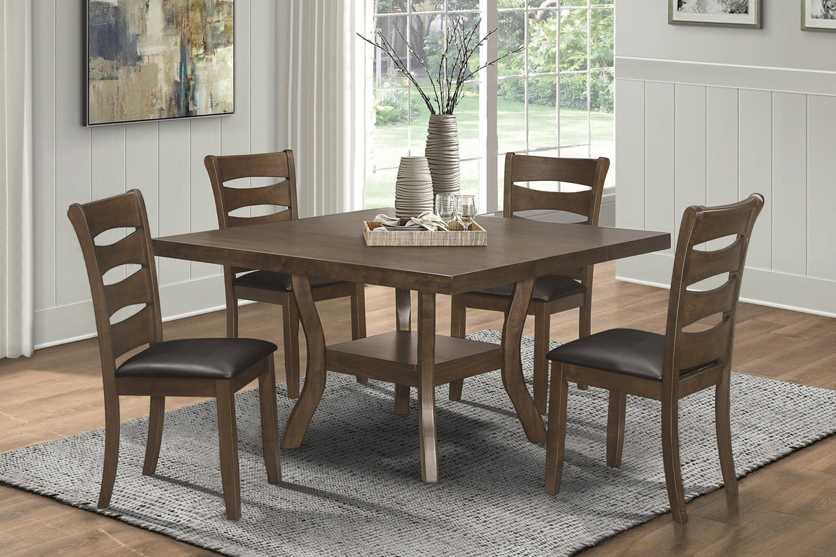 Transitional Brown Finish Dining Table with Lower Display Shelf and Extension Leaf Mindy Veneer Wood Dining Room Furniture - Home Elegance USA
