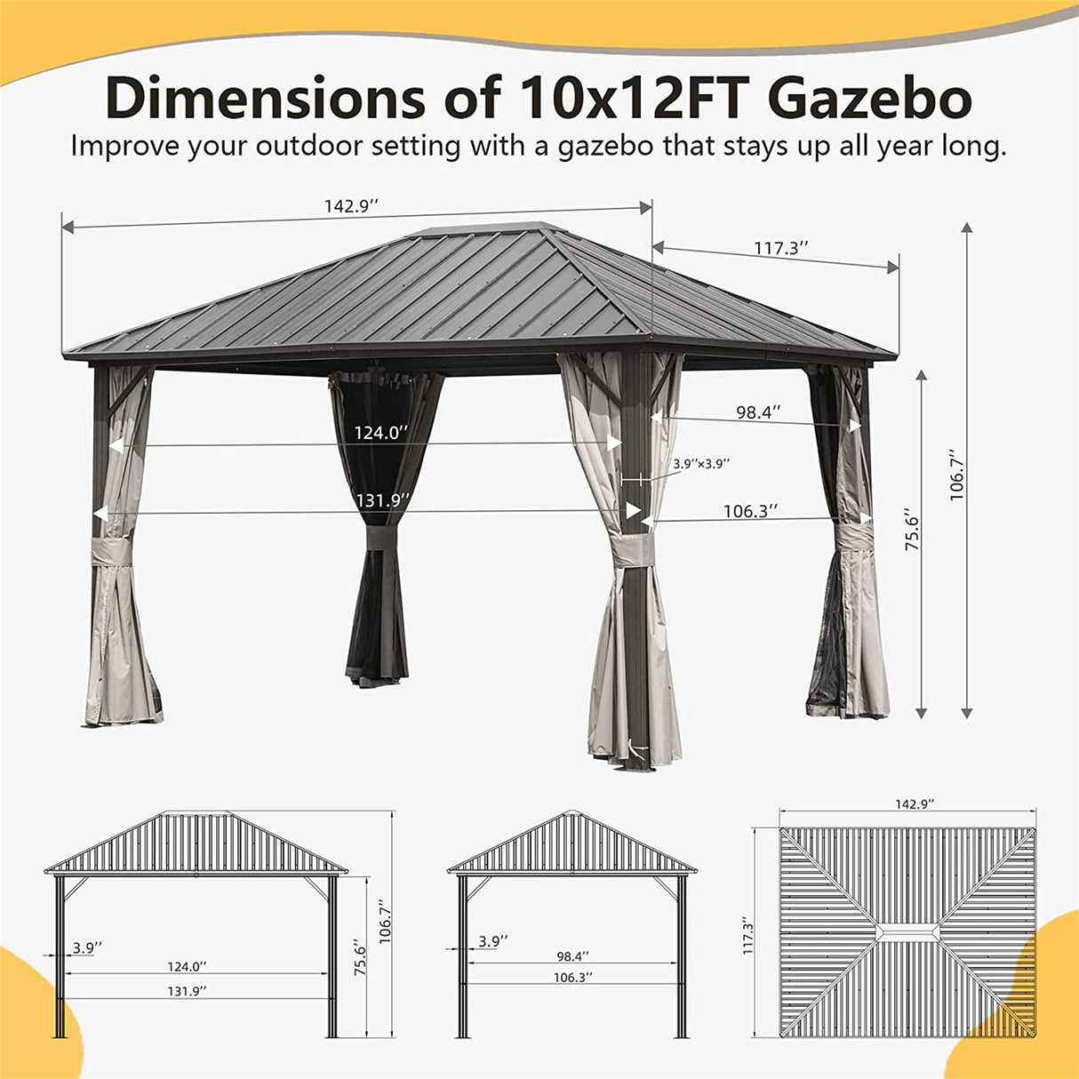 Dark Brown 10'x12' Outdoor Steel Roof Gazebo: Aluminum Frame, Netting & Curtains - Perfect for Garden, Patios, Lawns, Parties | Home Elegance USA