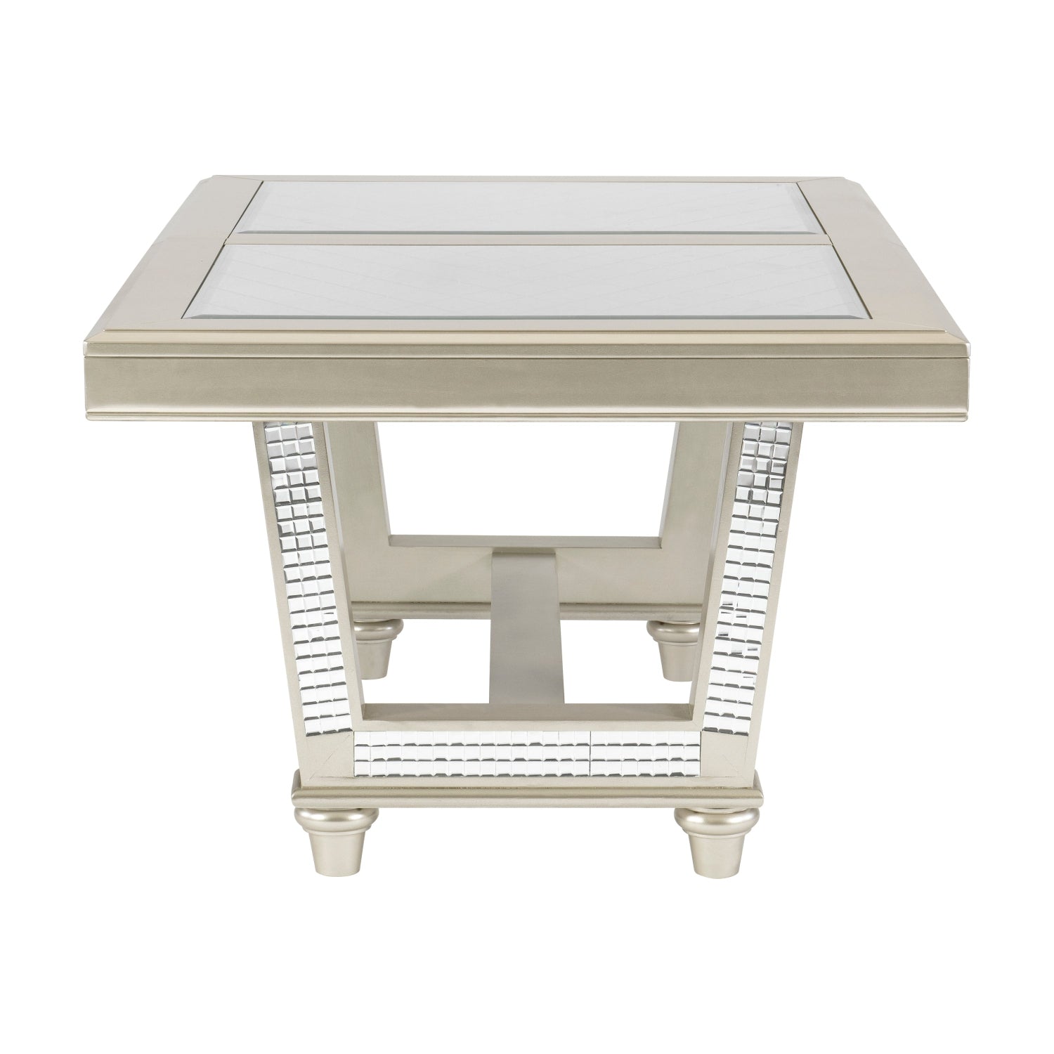 Glamorous Style Dining 7pc Set Champagne Finish Table w Leaf Glass Insert Top Upholstered Tufted 6x Side Chairs Traditional Dining Room Furniture - Home Elegance USA