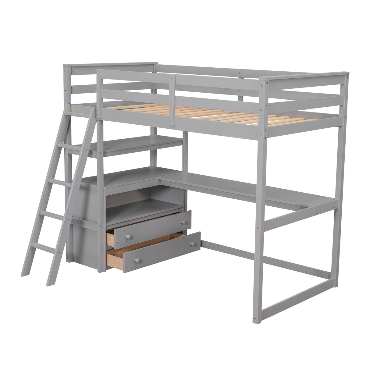 Twin Size Loft Bed with Desk and Shelves, Two Built-in Drawers, Gray(old SKU: GX000803AAE-1) - Home Elegance USA