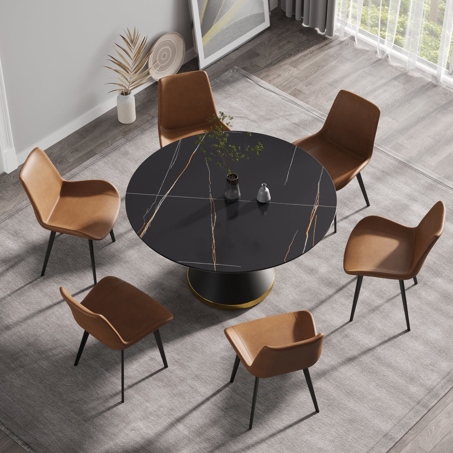 53.15"Modern artificial stone round black carbon steel base dining table - can accommodate 6 people | Home Elegance USA
