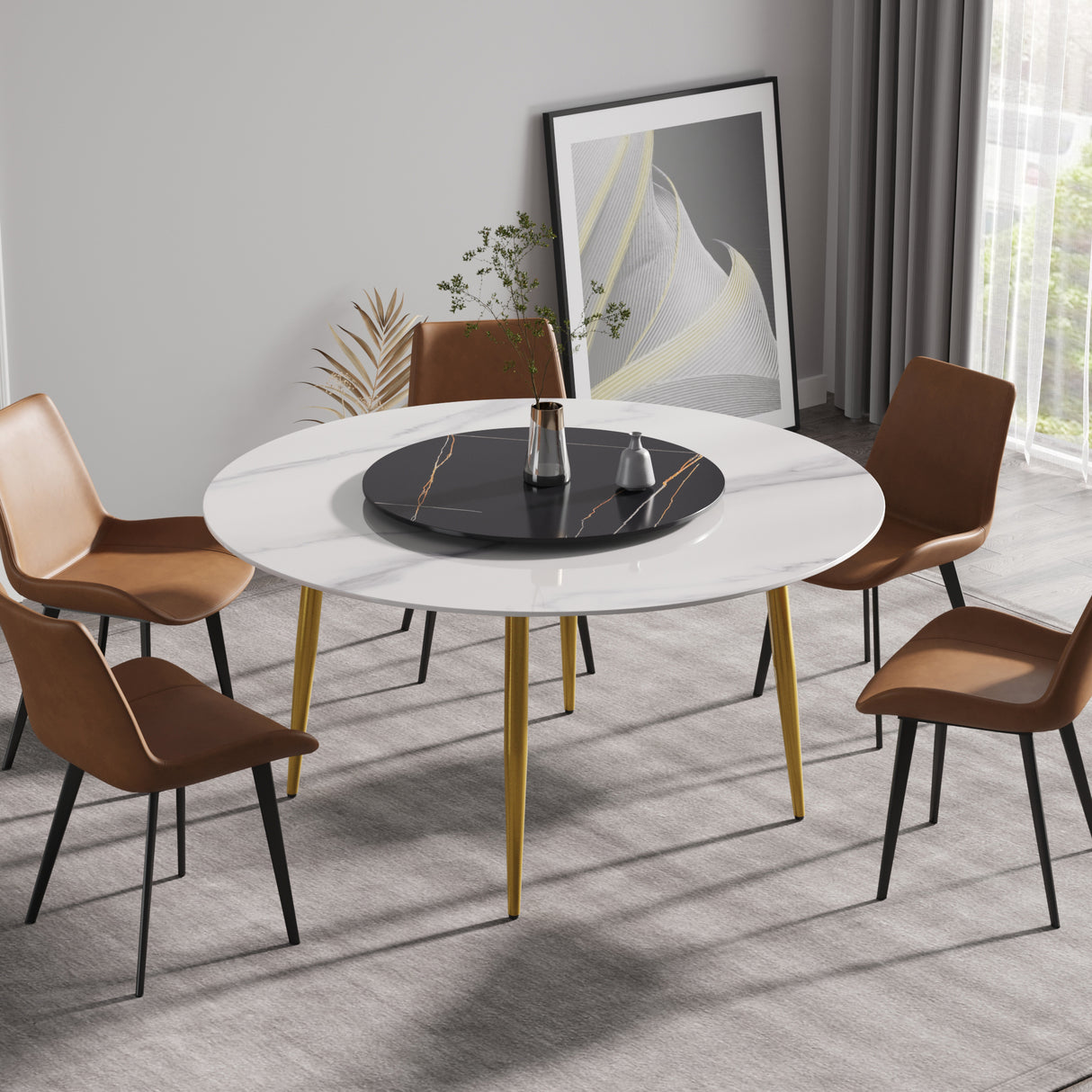 59.05"Modern artificial stone round golden metal dining table - can accommodate 6 people - 31.5"black artificial stone turntable | Home Elegance USA
