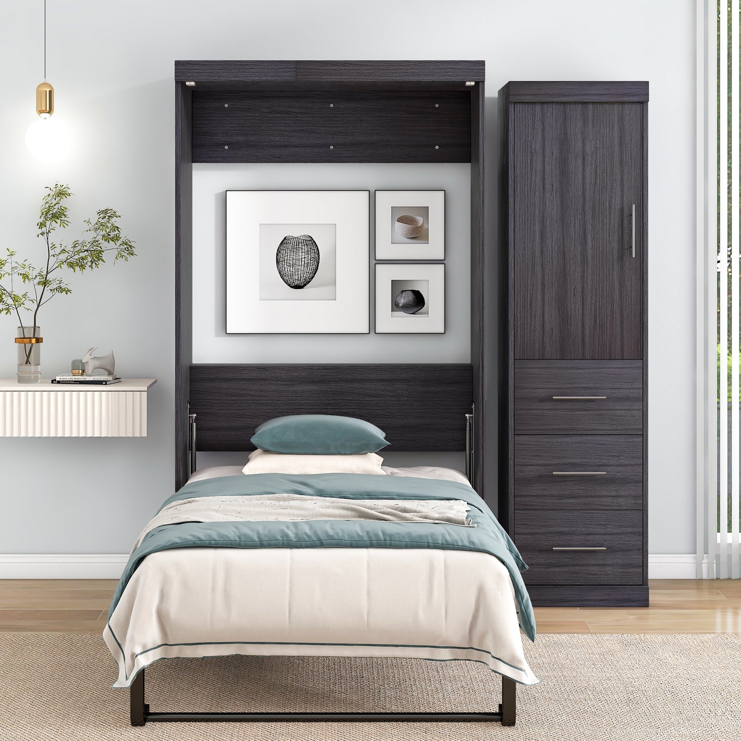 Twin Size Murphy Bed with Wardrobe and Drawers, Storage Bed, can be Folded into a Cabinet, Gray - Home Elegance USA