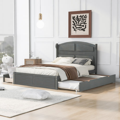 Wood Queen Size Platform Bed with Twin Size Trundle and 2 Drawers, Antique Gray(Expected Arrival Time: 9.2)