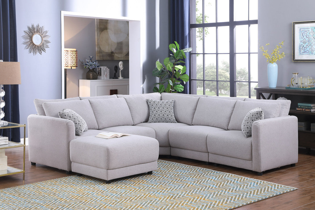 Penelope Light Gray Linen Fabric Reversible L-Shape Sectional Sofa with Ottoman and Pillows - Home Elegance USA