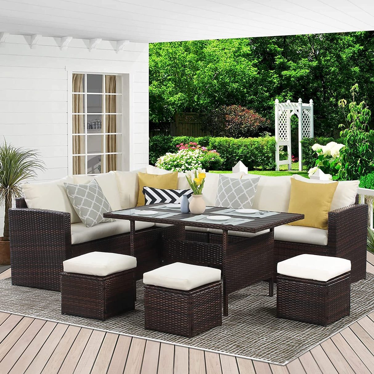 7 - Pieces PE Rattan Wicker Patio Dining Sectional Cusions Sofa Set with Ivory cushions | Home Elegance USA