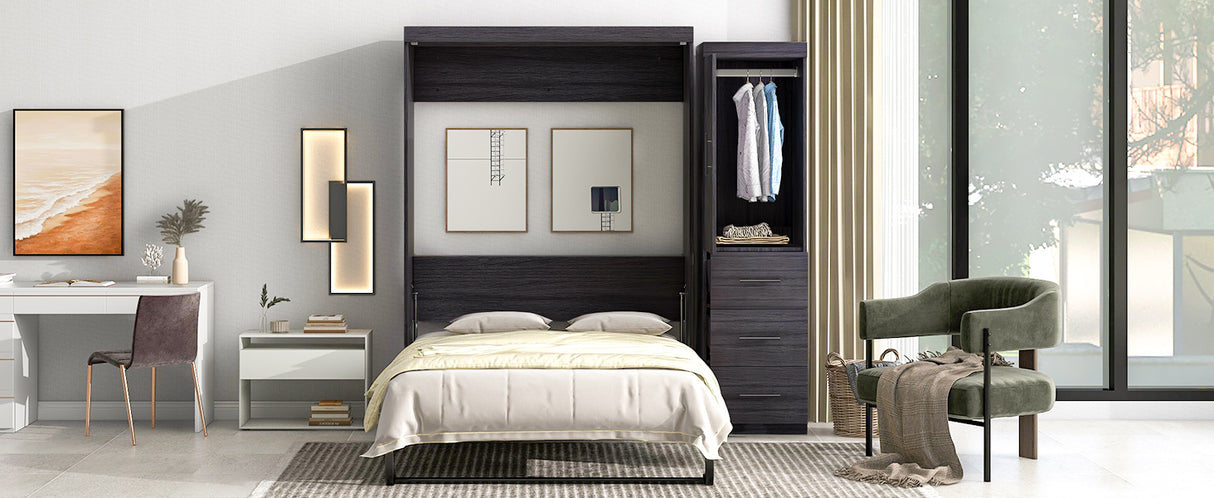 Full Size Murphy Bed with Wardrobe and Drawers, Storage Bed, can be Folded into a Cabinet, Gray - Home Elegance USA