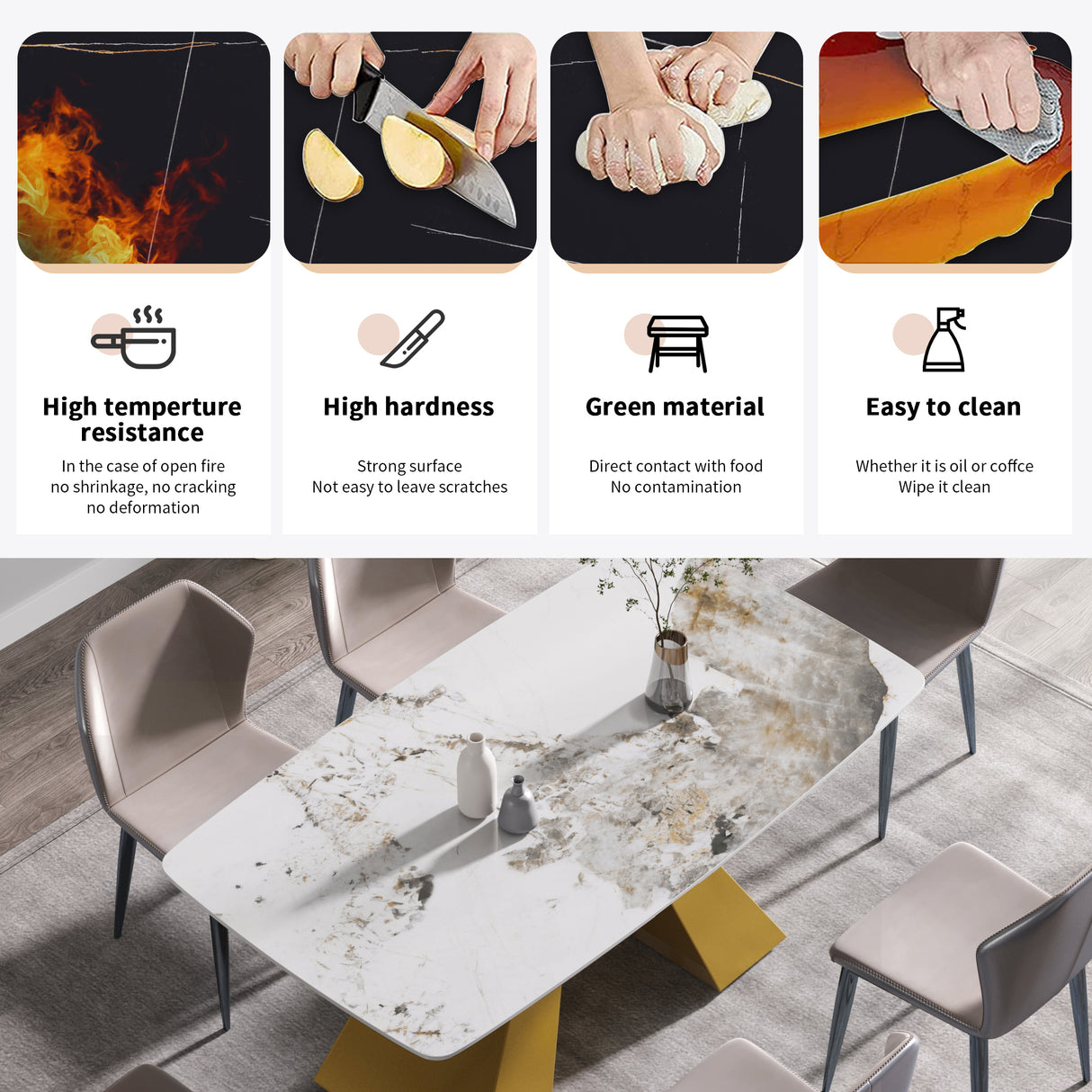 63"Modern artificial stone pandora white curved golden metal leg dining table - 6 people | Home Elegance USA