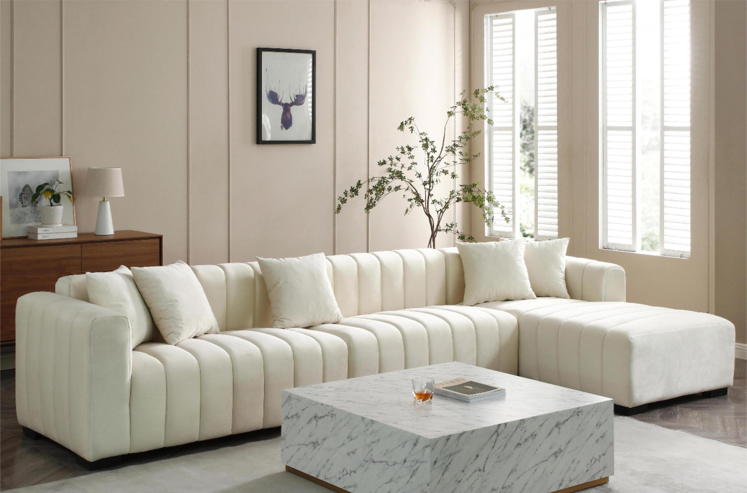 L-Shape Sectional Sofa with Deep Tufted Velvet Upholstered Right Chaise Modular Sofa  beige - Home Elegance USA
