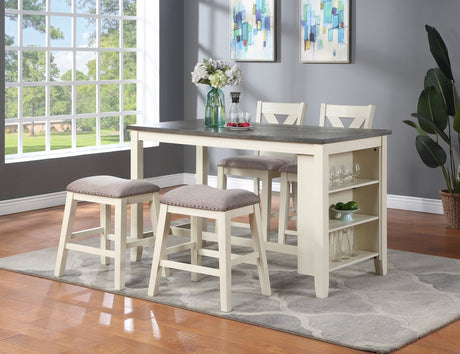 Modern Contemporary 5pc Counter Height High Dining Table w Storage Shelves High Chairs And Stools Wooden Kitchen Breakfast Table Dining Room Furniture - Home Elegance USA