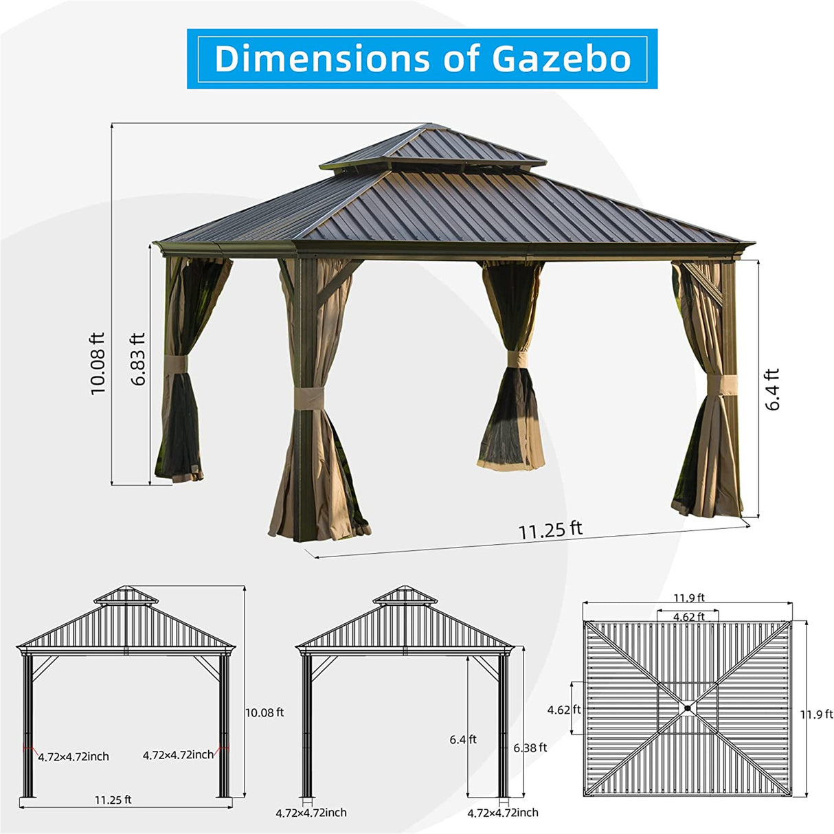 Brown 12'x12' Hardtop Gazebo: Aluminum Frame, Galvanized Steel Double Roof, Curtains, Netting - Perfect for Patio, Backyard, Lawn | Home Elegance USA