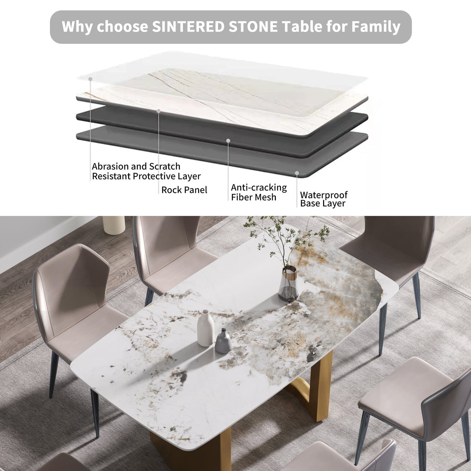 63"Modern artificial stone pandora white curved golden metal leg dining table - 6 people | Home Elegance USA