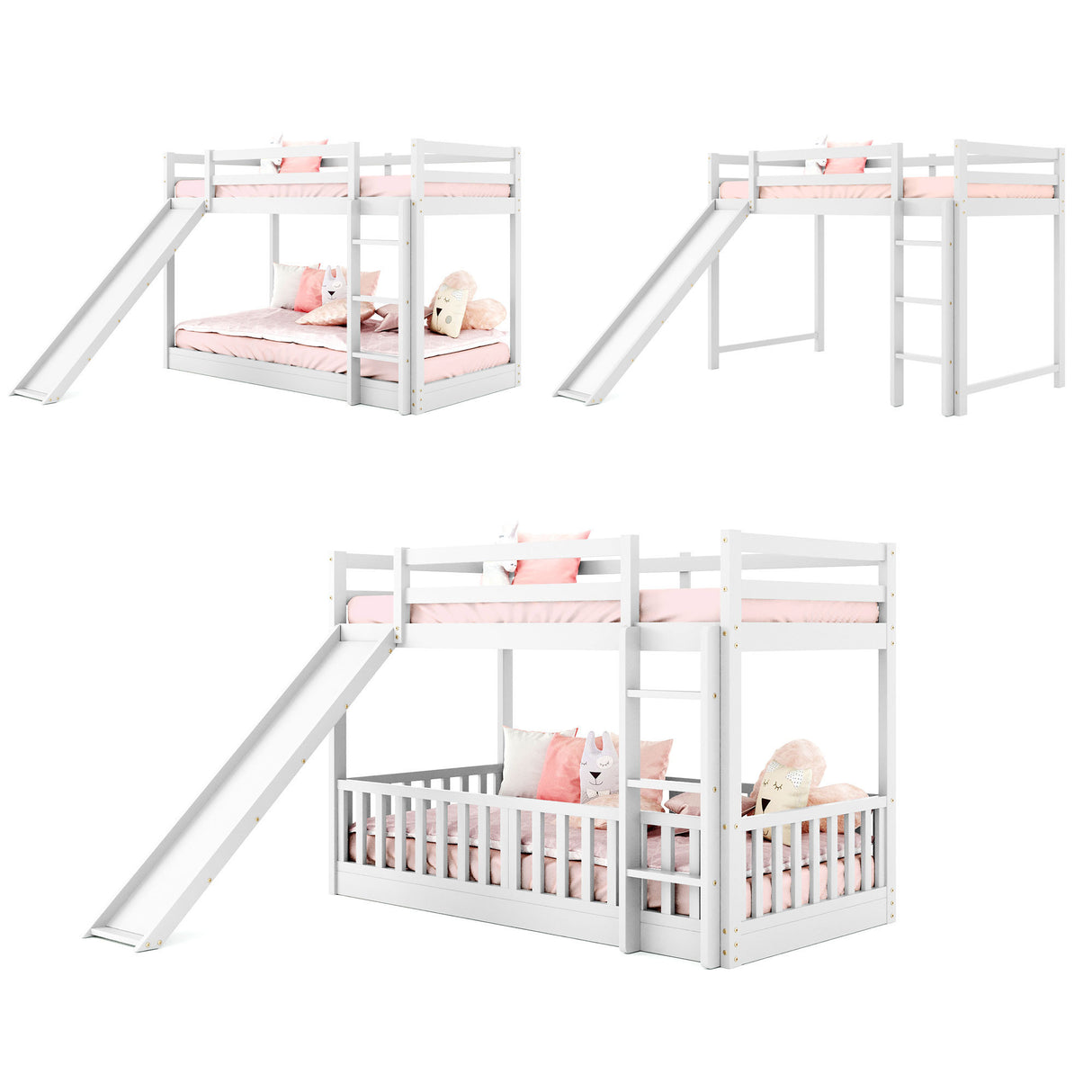 Twin Over Twin Bunk Bed with Slide and Ladder, White(Old SKU:LP000009AAK) - Home Elegance USA