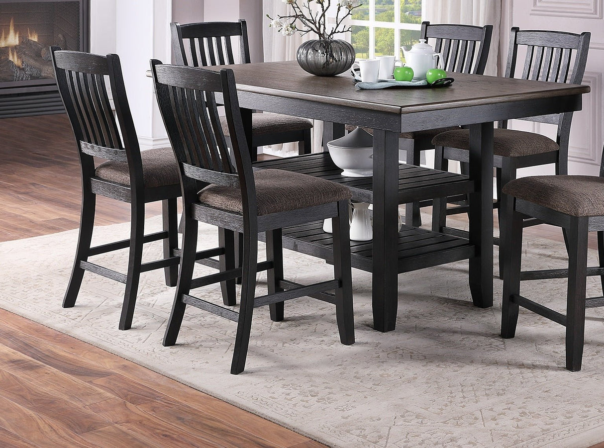 Transitional Dining Room 7pc Set Dark Coffee Rubberwood Counter Height Dining Table w 2x Shelfs and 6x High Chairs Fabric Upholstered seats Unique Back Counter Height Chairs - Home Elegance USA