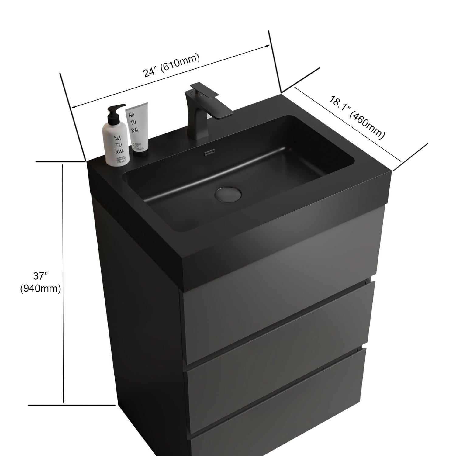 Alice 24" Gray Bathroom Vanity with Sink, Large Storage Freestanding Bathroom Vanity for Modern Bathroom, One - Piece Black Sink Basin without Drain and Faucet | Home Elegance USA