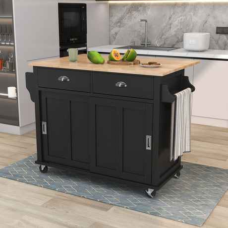 K&K Kitchen Cart with Rubber wood Drop-Leaf Countertop, Concealed sliding barn door adjustable height,Kitchen Island on 4 Wheels with Storage Cabinet and 2 Drawers,L52.2xW30.5xH36.6 inch, Black - Home Elegance USA