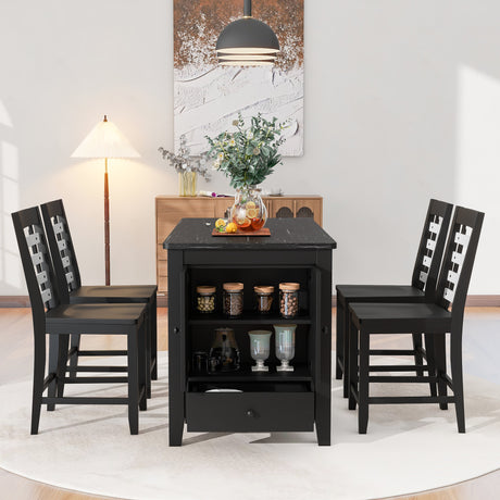 TOPMAX Counter Height 5-piece Dining Table Set with Faux Marble Tabletop, Solid Wood Table Set with Storage Cabinet and Drawer, Black - Home Elegance USA