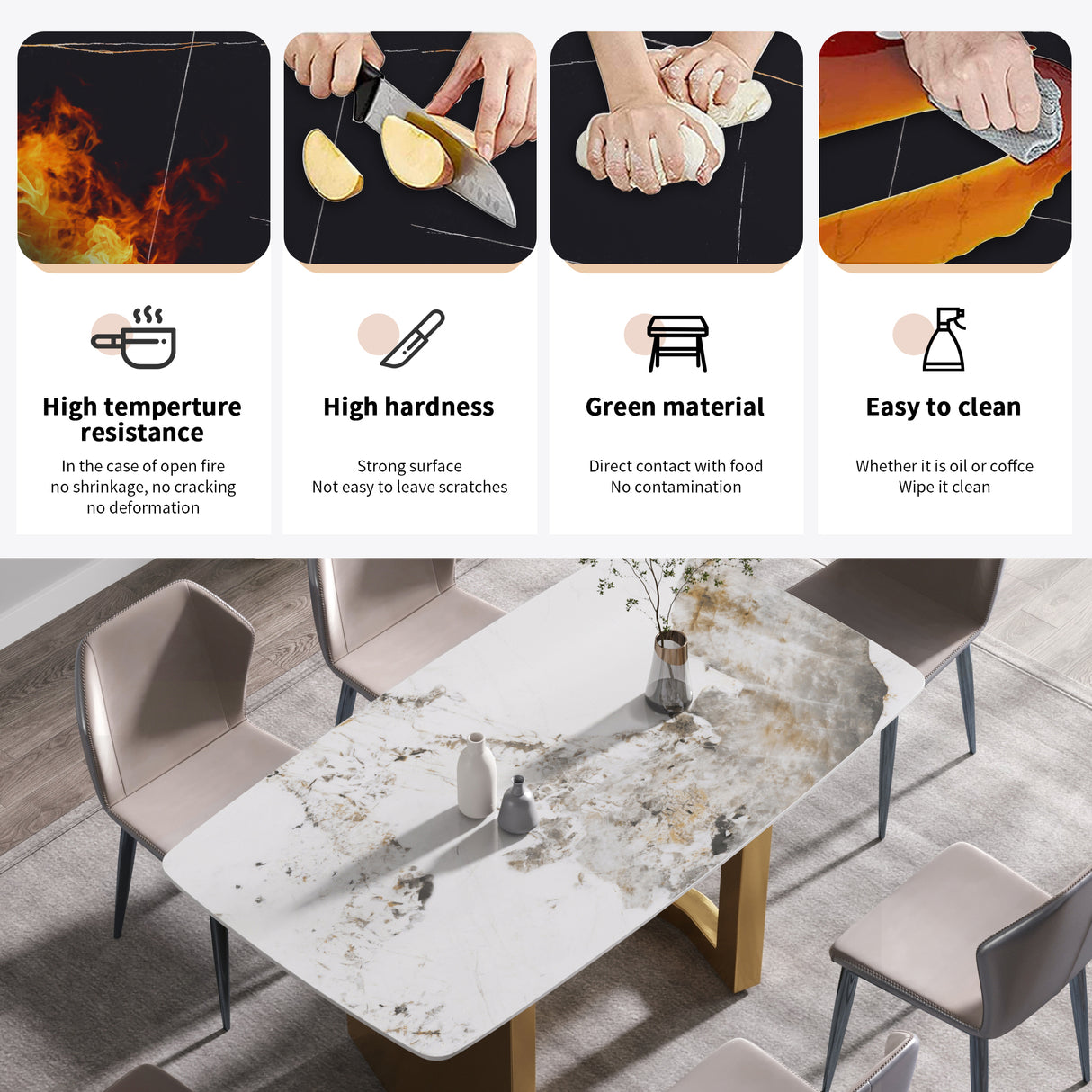 63"Modern artificial stone pandora white curved golden metal leg dining table - 6 people | Home Elegance USA