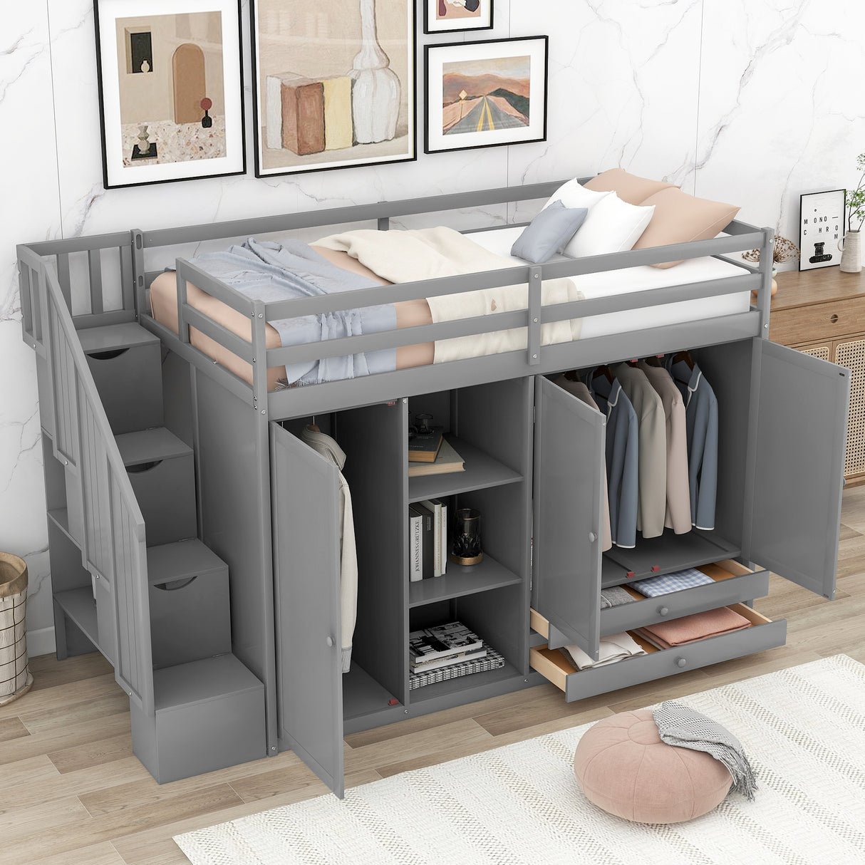 Functional Loft Bed with 3 Shelves, 2 Wardrobes and 2 Drawers, Ladder with Storage, No Box Spring Needed, Gray - Home Elegance USA