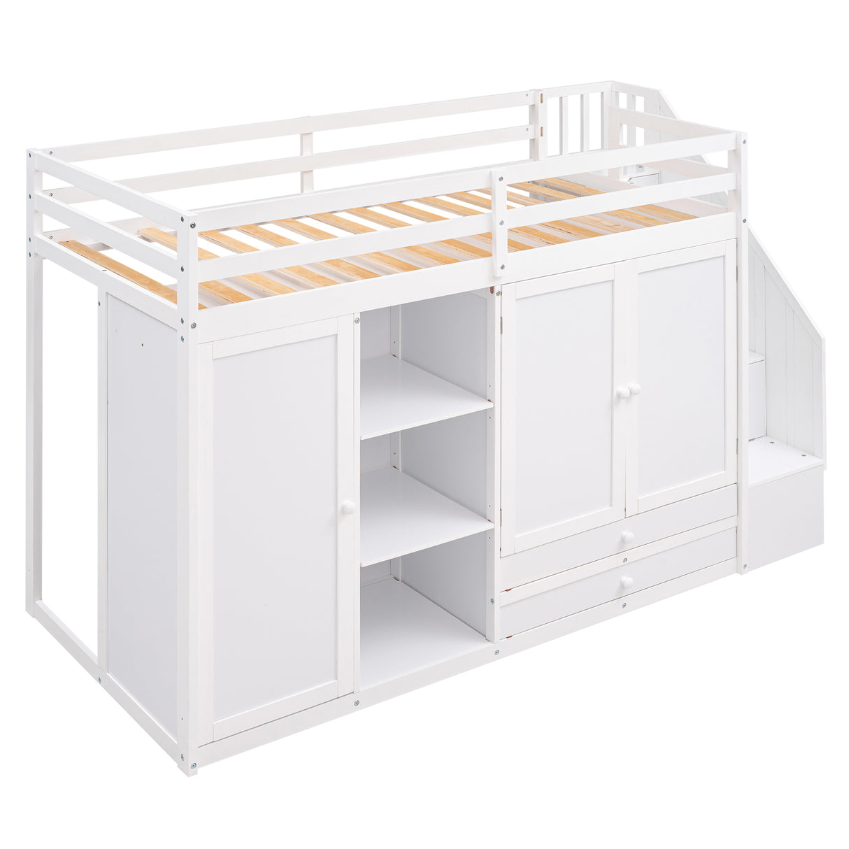 Functional Loft Bed with 3 Shelves, 2 Wardrobes and 2 Drawers, Ladder with Storage, No Box Spring Needed, White - Home Elegance USA