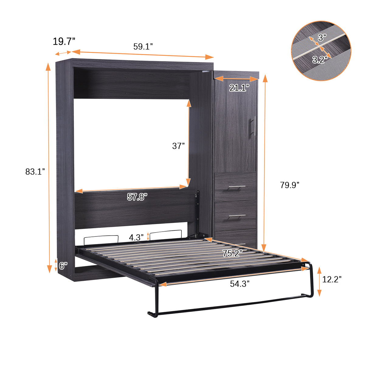 Full Size Murphy Bed with Wardrobe and Drawers, Storage Bed, can be Folded into a Cabinet, Gray - Home Elegance USA