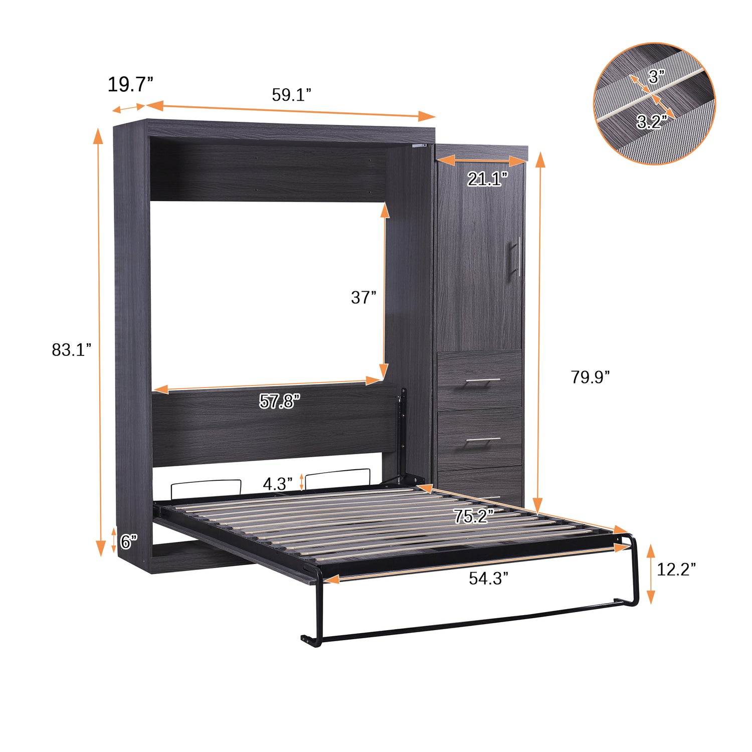Full Size Murphy Bed with Wardrobe and Drawers, Storage Bed, can be Folded into a Cabinet, Gray - Home Elegance USA
