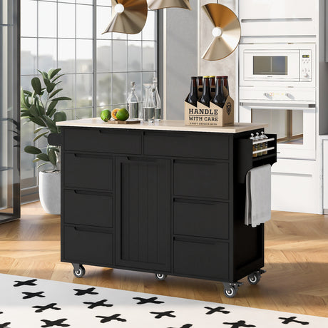 K&K Store Kitchen Cart with Rubber Wood Countertop , Kitchen Island has 8 Handle-Free Drawers Including a Flatware Organizer and 5 Wheels for Kitchen Dinning Room, Black - Home Elegance USA