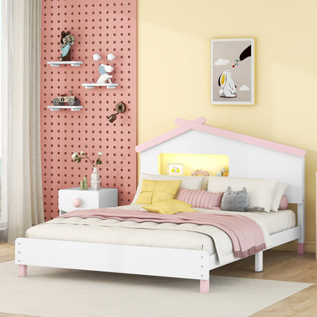 Full Size Wood Platform Bed with House-shaped Headboard and Motion Activated Night Lights (White+Pink) - Home Elegance USA
