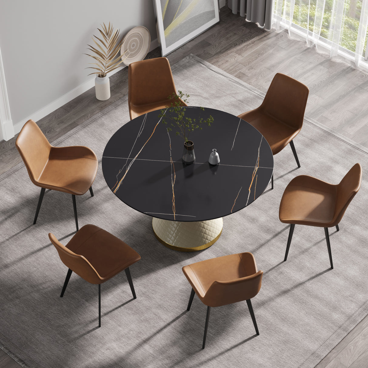 53.15"Modern artificial stone round white carbon steel base dining table - can accommodate 6 people | Home Elegance USA