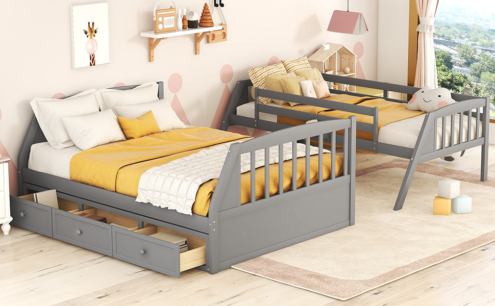 Twin-Over-Full Bunk Bed with Drawers,Ladder and Storage Staircase, Gray - Home Elegance USA