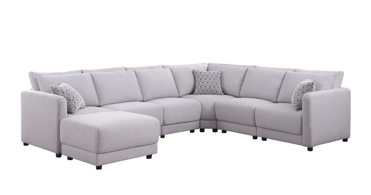 Penelope Light Gray Linen Fabric Reversible 7PC Modular Sectional Sofa with Ottoman and Pillows - Home Elegance USA