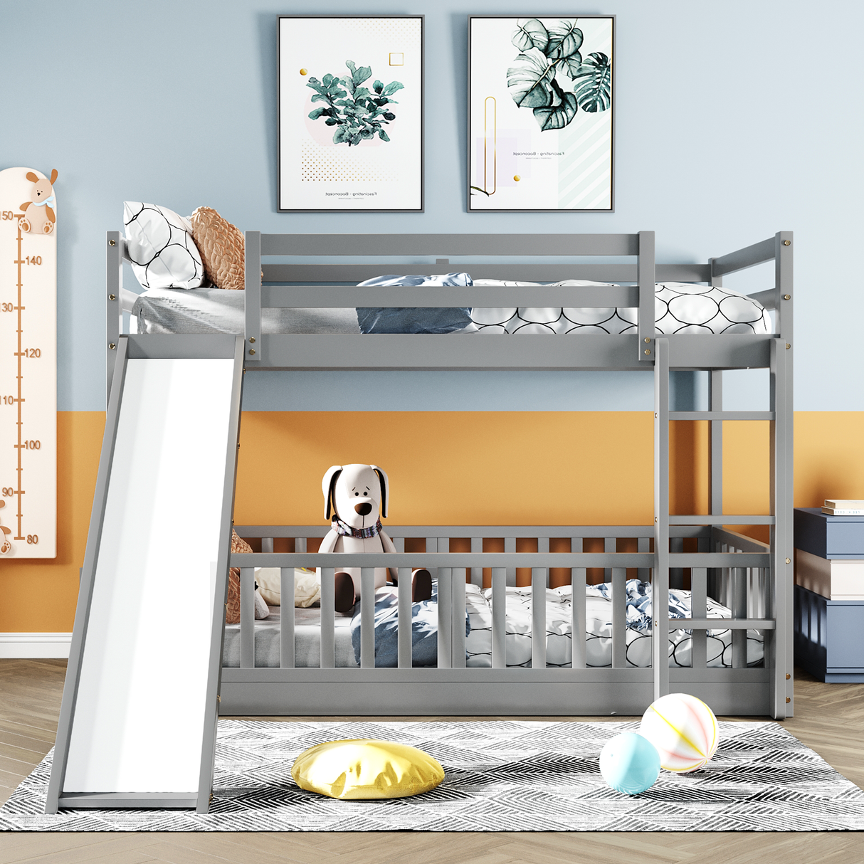 Twin Over Twin Bunk Bed with Slide and Ladder, Gray(Old SKU:LP000009AAE) - Home Elegance USA