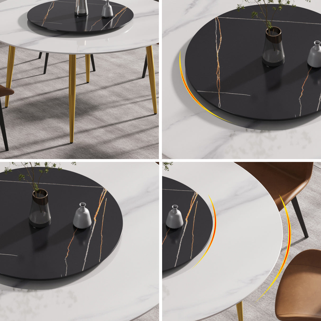 59.05"Modern artificial stone round golden metal dining table - can accommodate 6 people - 31.5"black artificial stone turntable | Home Elegance USA