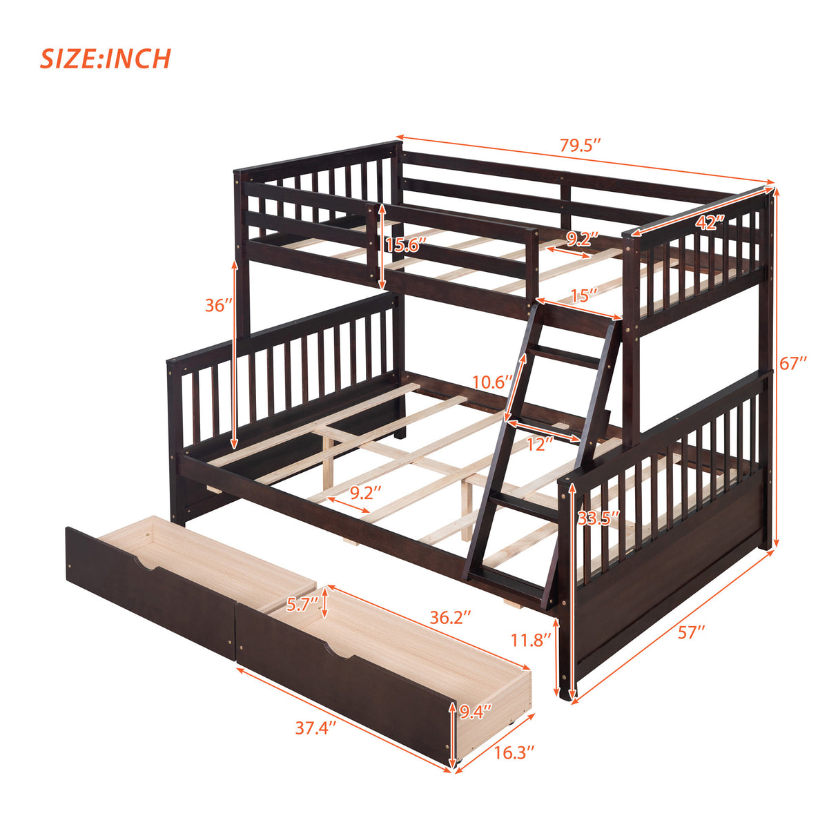 Twin-Over-Full Bunk Bed with Ladders and Two Storage Drawers(Espresso)( old sku:LT000165AAP) - Home Elegance USA