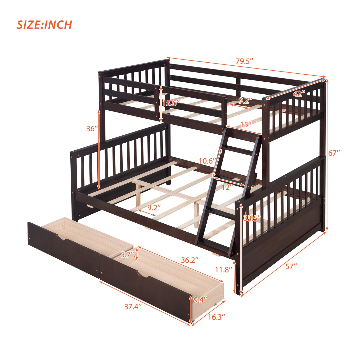 Twin-Over-Full Bunk Bed with Ladders and Two Storage Drawers(Espresso)( old sku:LT000165AAP) - Home Elegance USA