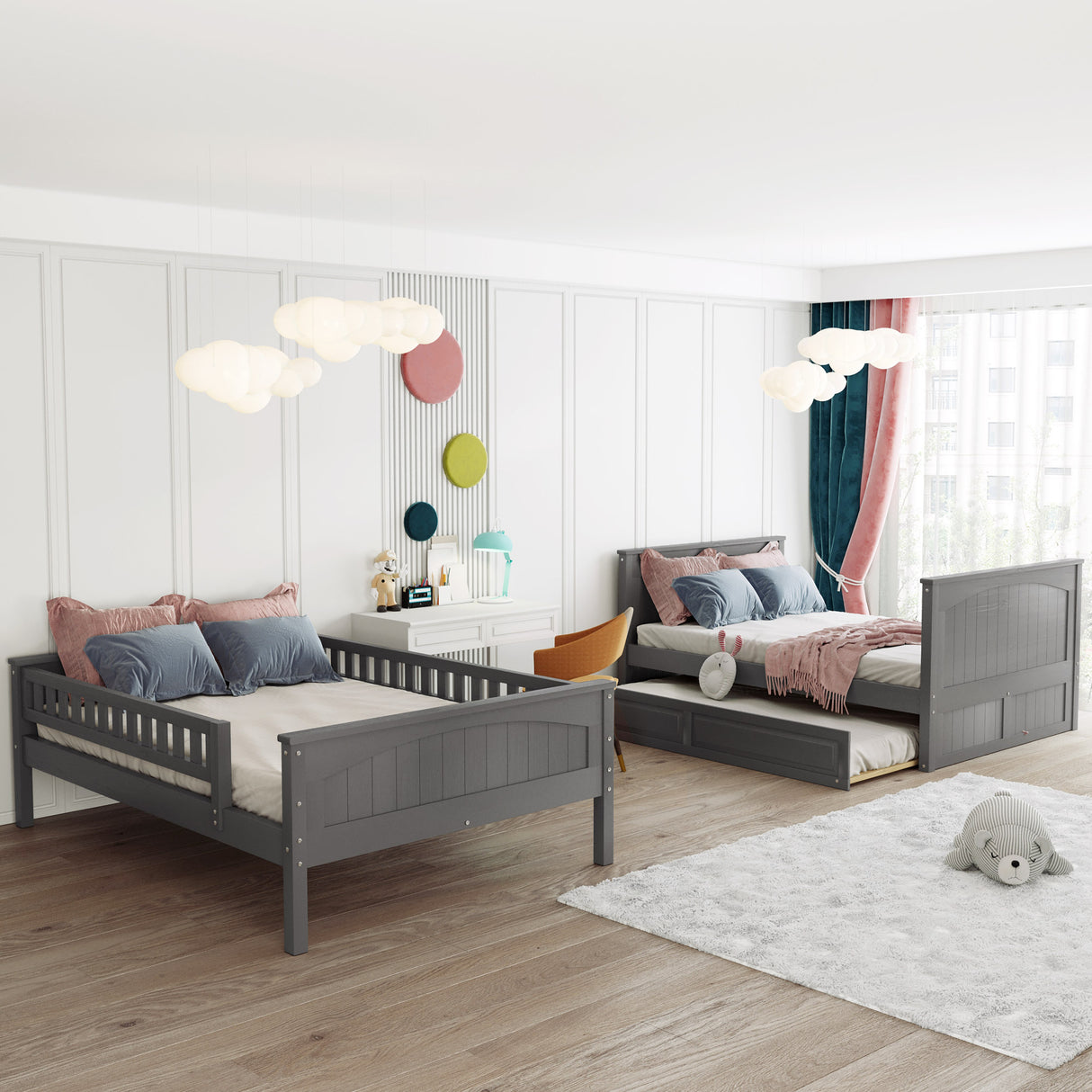 Full Over Full Bunk Bed with Twin Size Trundle, Pine Wood Bunk Bed with Guardrails, Brushed Gray(Old SKU:LP000044AAN) - Home Elegance USA