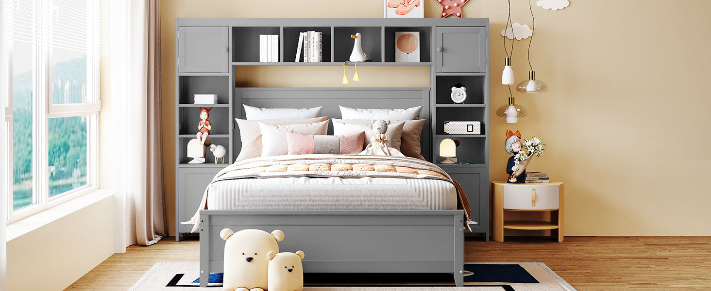 Full Size Wooden Bed With All-in-One Cabinet and Shelf, Gray - Home Elegance USA